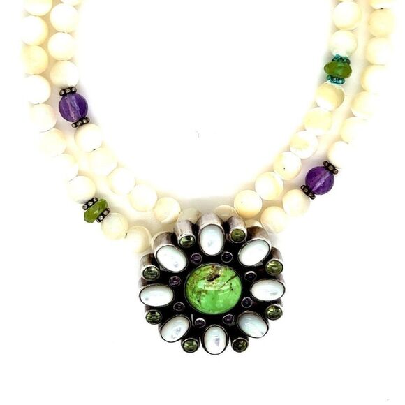 Stunning 925 Vintage Double Strand Flower Stones Necklace - Picture 1 of 9